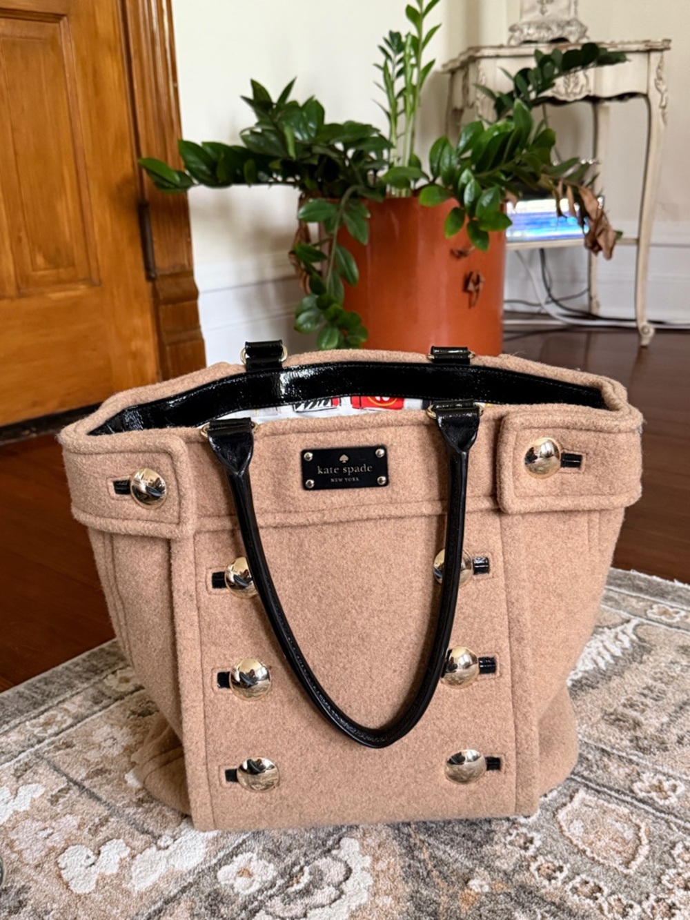 kate spade Tan Wool-Blend Tote with Black Patent Handles and Silver Accents